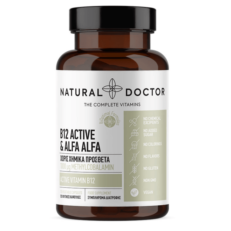 VITAREA Natural Doctor B12 Active and Alfa Alfa supplement in 120 vegetarian capsules, showing the supplement bottle and caps.