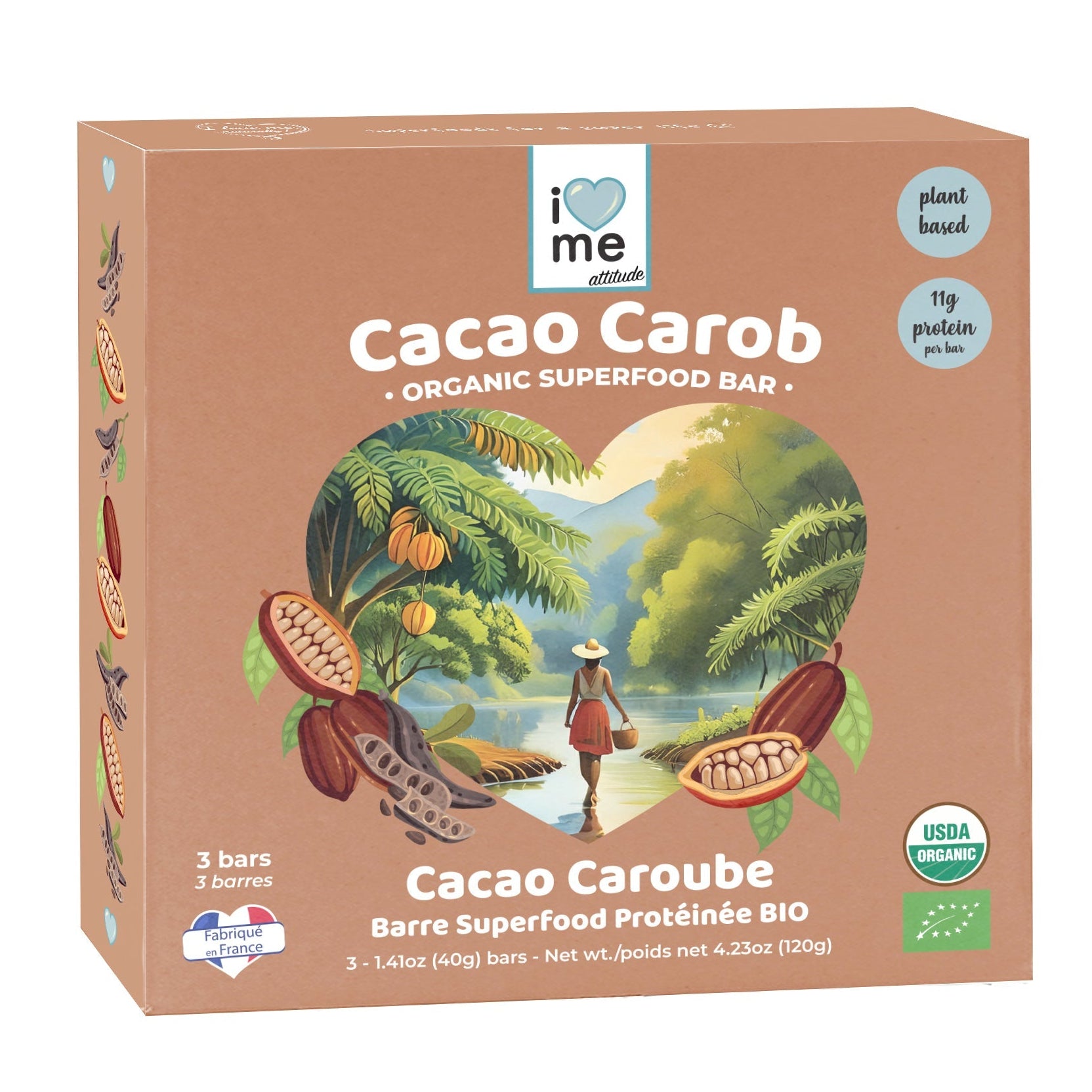 Organic cacao and carob protein bars by I LOVE ME, vegan superfood snack in a pack of three, with chocolate and nut textures.