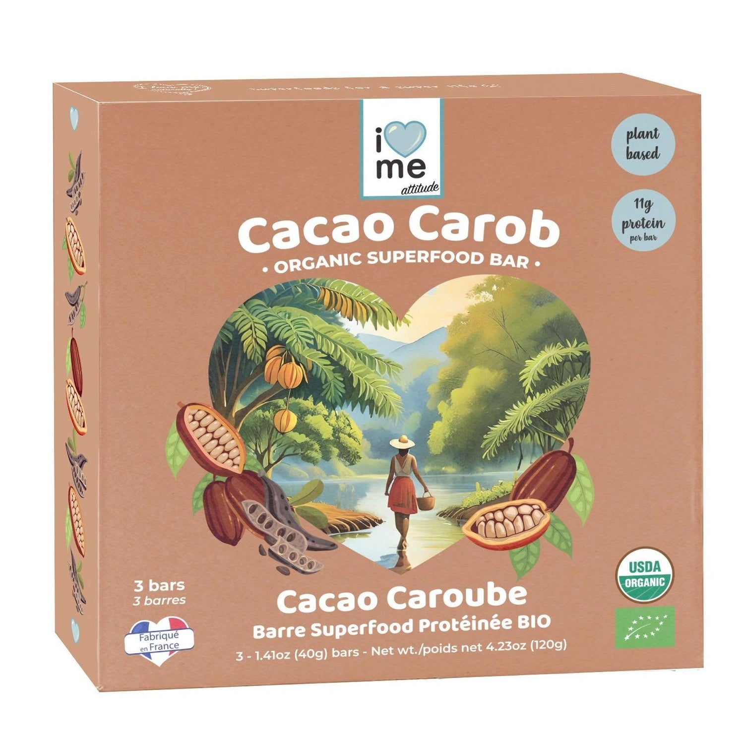 Organic cacao and carob vegan protein bars by ILOVE ME, natural superfood snack, pack of three, with fresh ingredients.