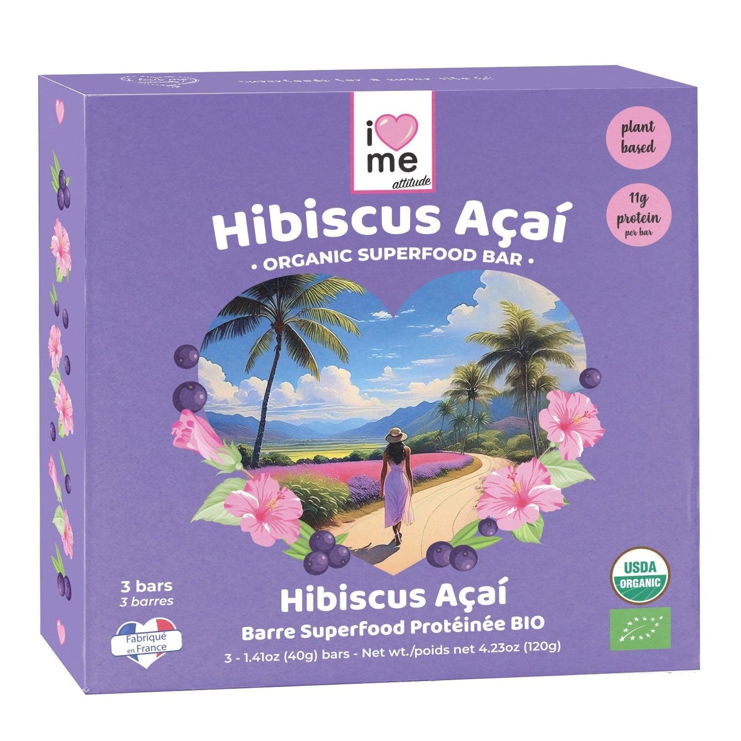 Organic I LOVE ME Hibiscus Acai Protein Bar from ILOVEME, vegan superfood snack with vibrant hibiscus and acai ingredients.