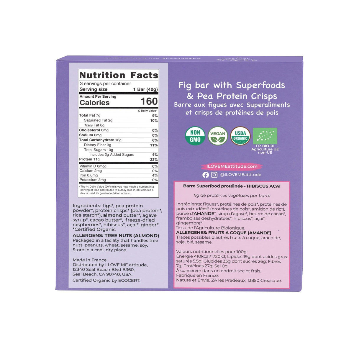 Organic I LOVE ME Hibiscus Acai Protein Bar by ILOVEME, vegan superfood snack, shown in a pack of three.