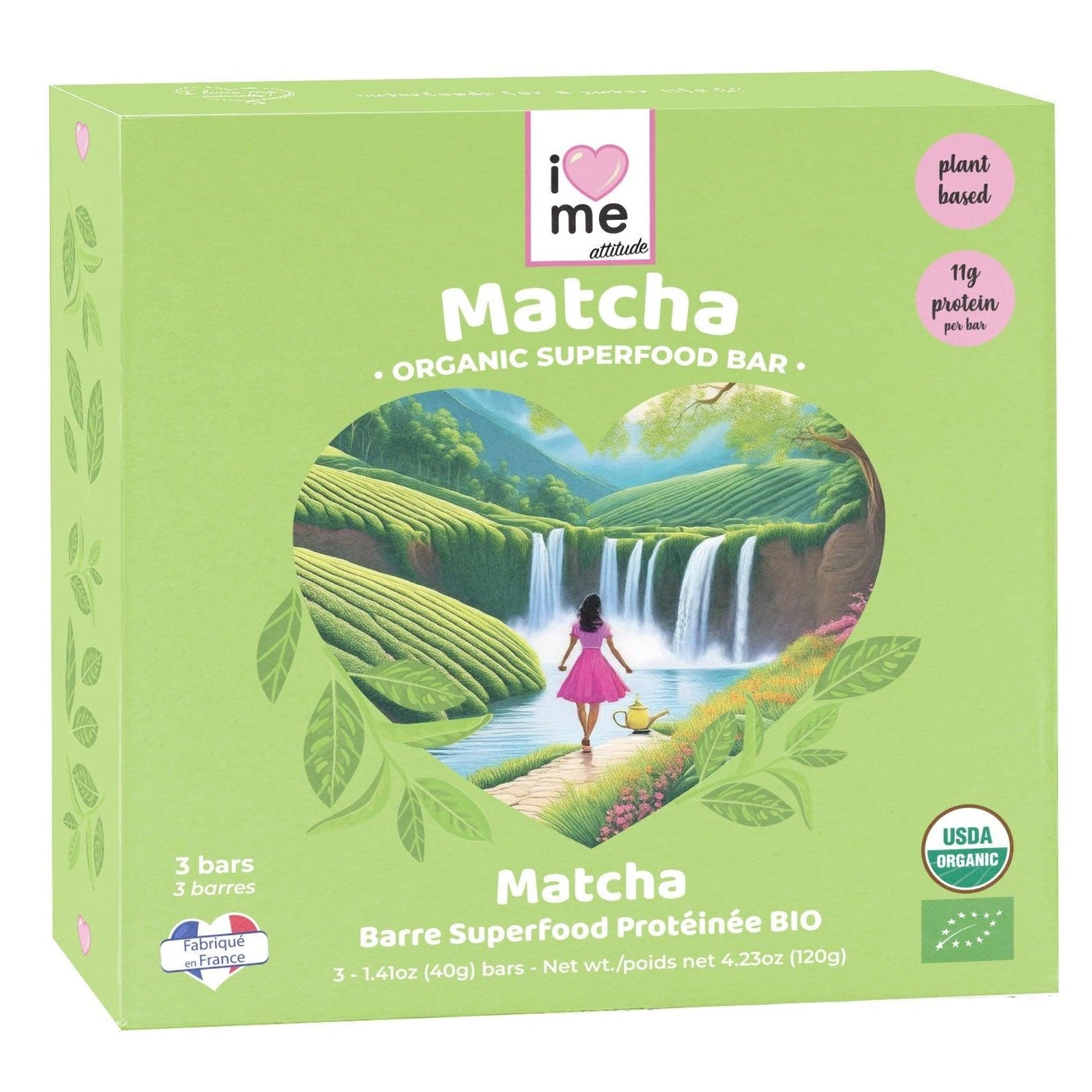 Organic Matcha Protein Bar by ILOVEME, vegan superfood snack with green matcha flavor, shown in a pack of three.