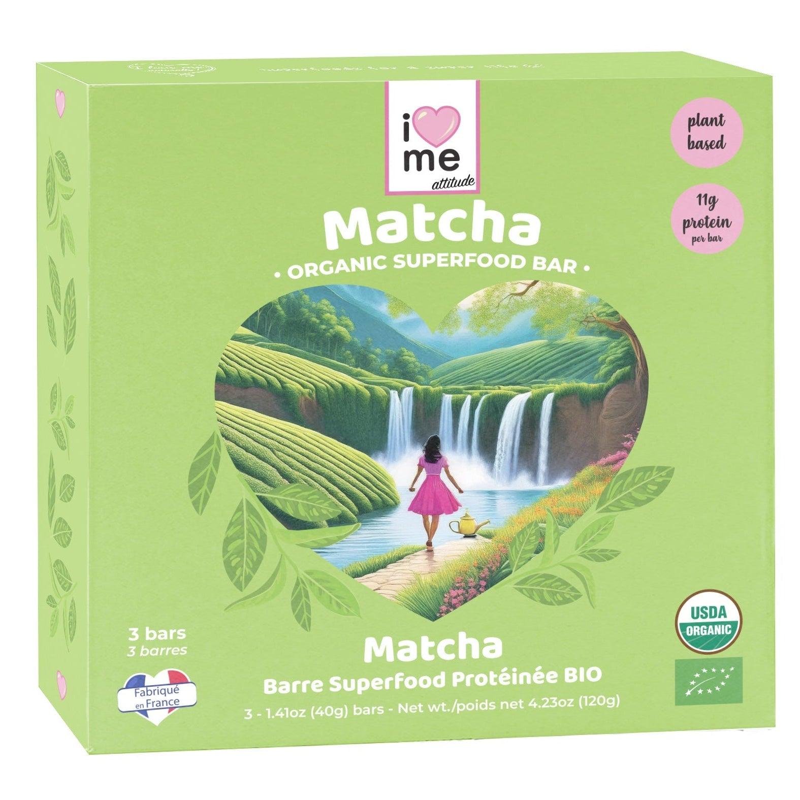 Organic Matcha Protein Bar by ILOVEME, vegan superfood snack with green matcha flavor, shown in a pack of three.