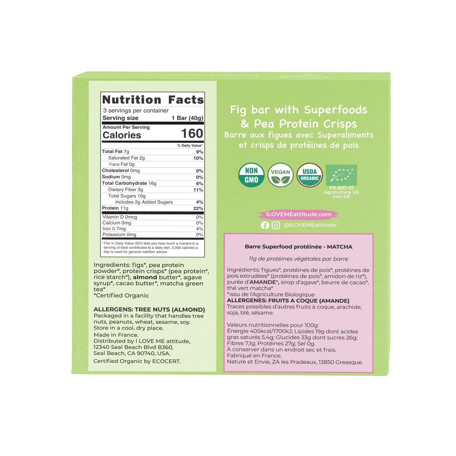 Organic Matcha Protein Bar from ILOVE ME featuring green matcha powder and a natural, vegan superfood snack in a pack of three.