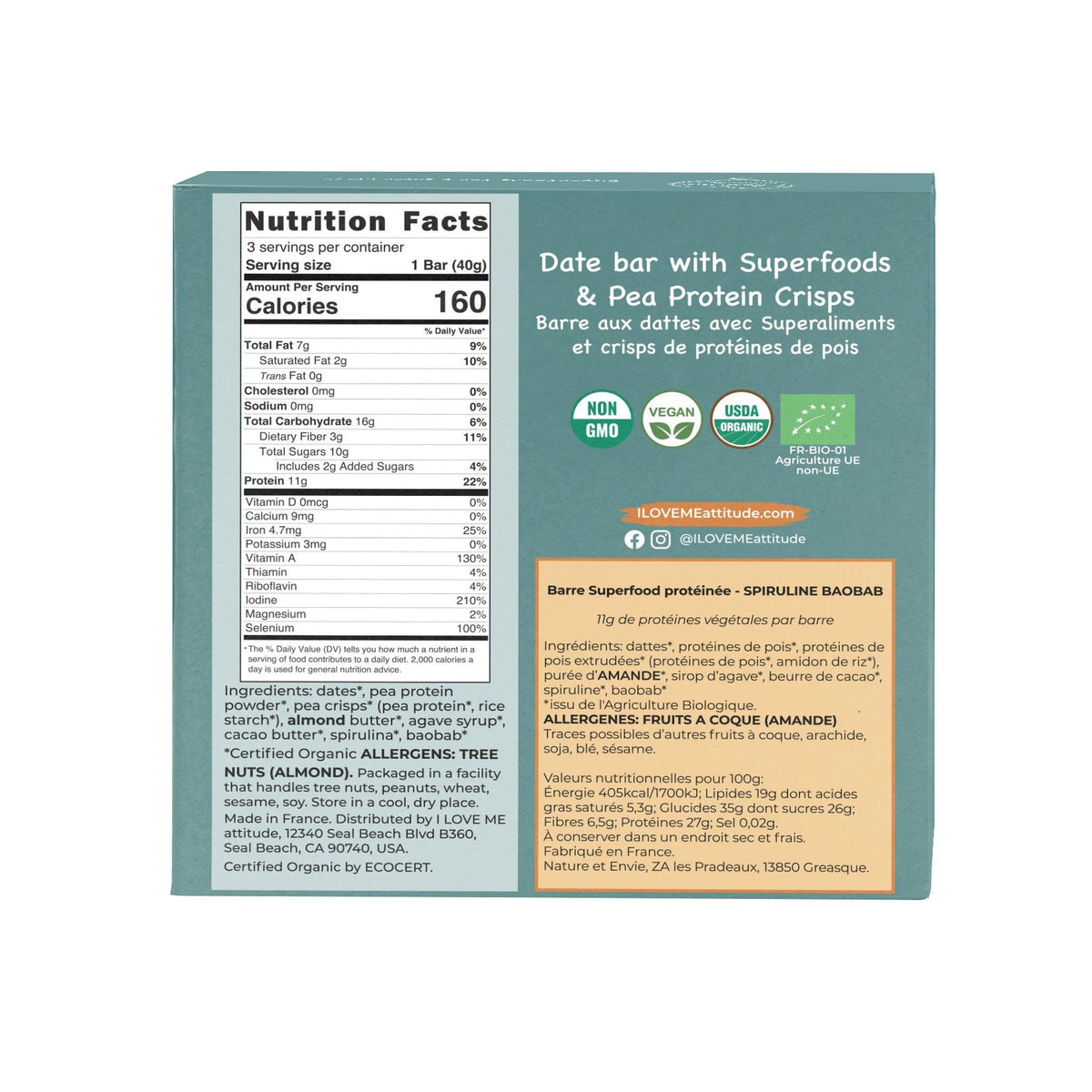 Organic spirulina and baobab vegan protein bar by ILOVE ME, packed with superfoods, shown in a close-up image.