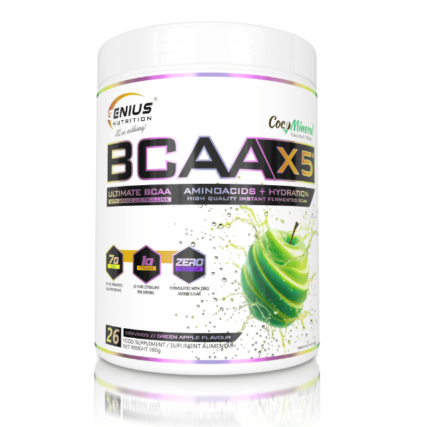 Genius Nutrition BCAA-X5 supplement in green apple flavor, showing a 360g container with a scoop and green apple flavor label.