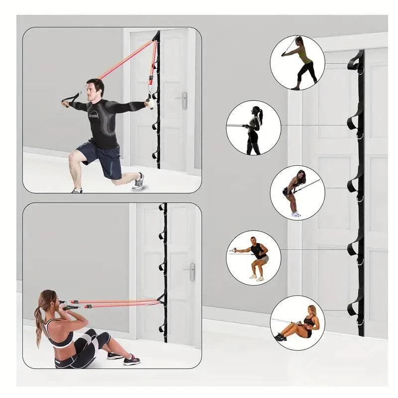 TEMU space-saving resistance band door anchor attached to a door for versatile fitness equipment workout setup.