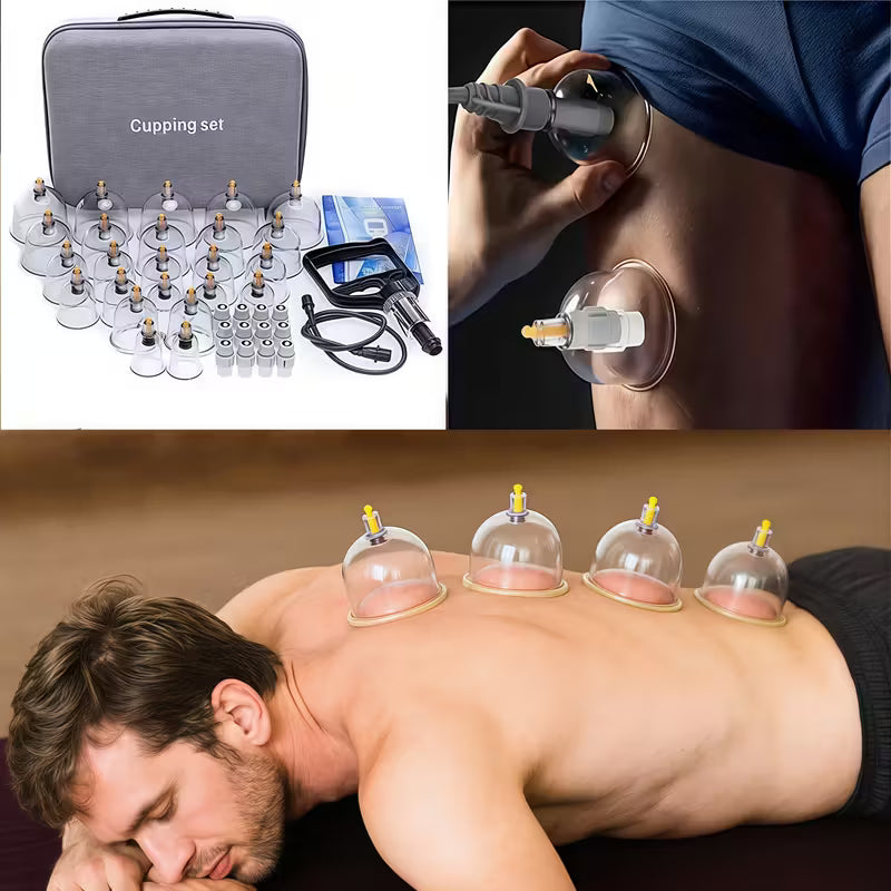 TEMU cupping and relaxation kit featuring vacuum cups and a manual pump for massage and muscle relief.