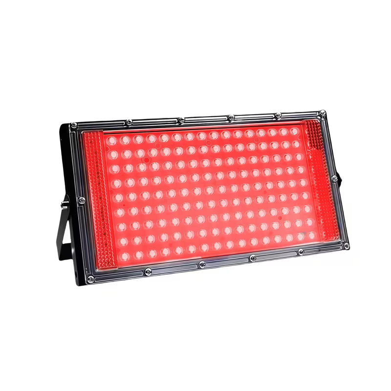 Full-spectrum red light therapy panel lamp by TEMU with 660 nm LED for skin and facial care, shown emitting red light.