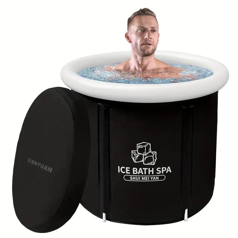 XL Portable Ice Bath Tub with insulated cover, TEMU accessory, showing the tub filled with water and the insulated lid for cold therapy.