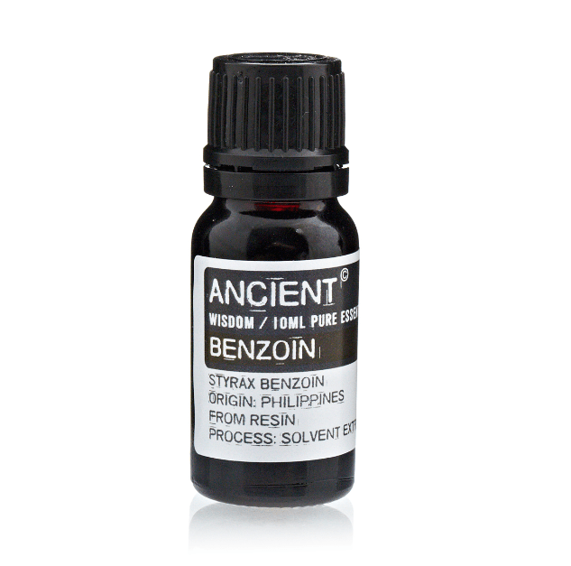 Benzoin essential oil bottle from AW Gifts, 10ml, with a clear label and amber-colored glass container for skincare use