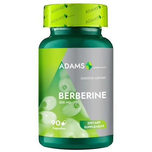 Adams Supplements Berberine 500mg supplement bottles with 90 capsules, featuring label and product packaging.