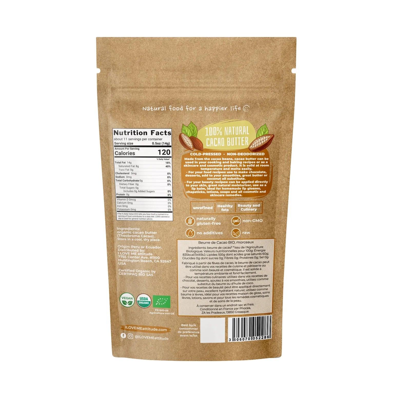 Organic cocoa butter pieces from ILOVE ME, 150g, showing creamy, natural chunks of organic cocoa butter in a clear container.