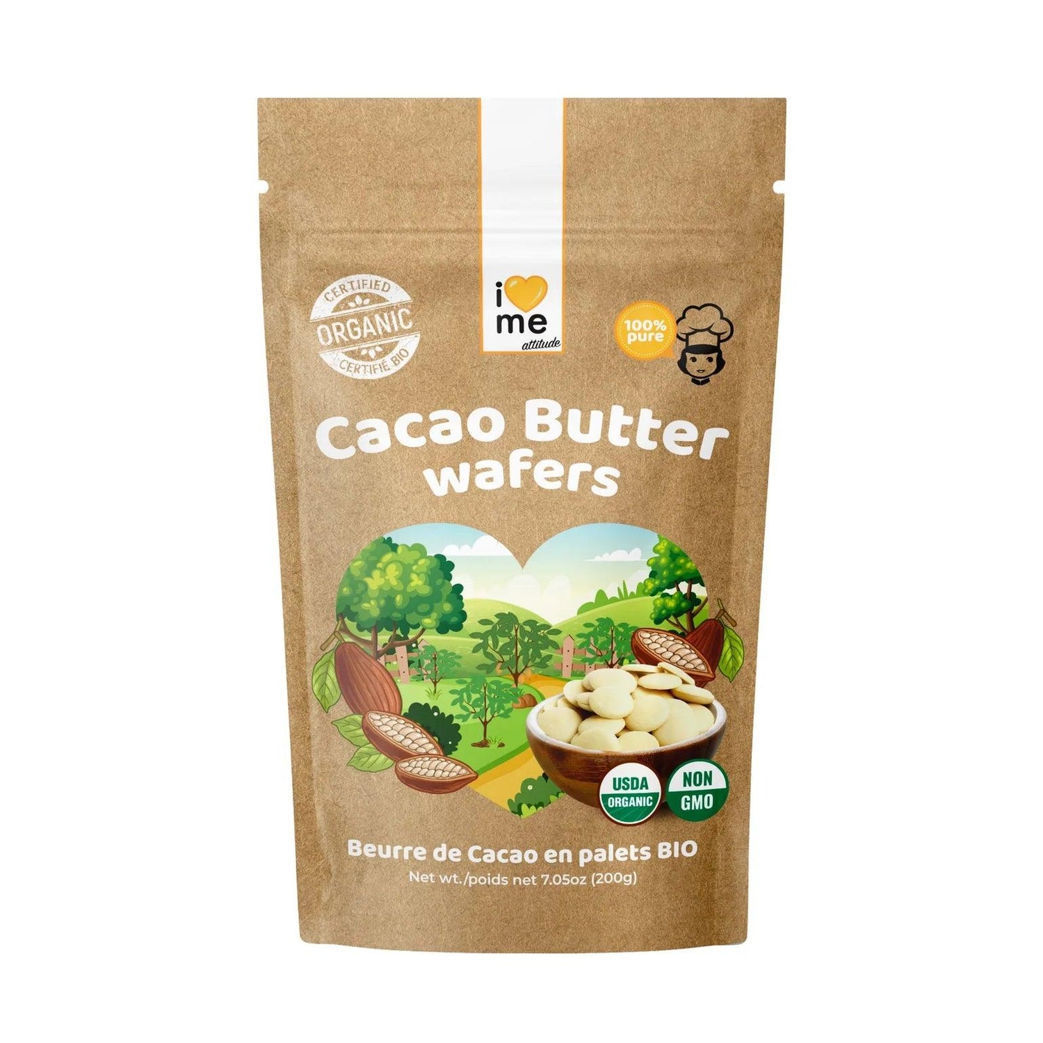 Organic cocoa butter patties by ILOVEME in a 200g package, showing smooth, round chocolate-colored pieces perfect for skincare or baking.
