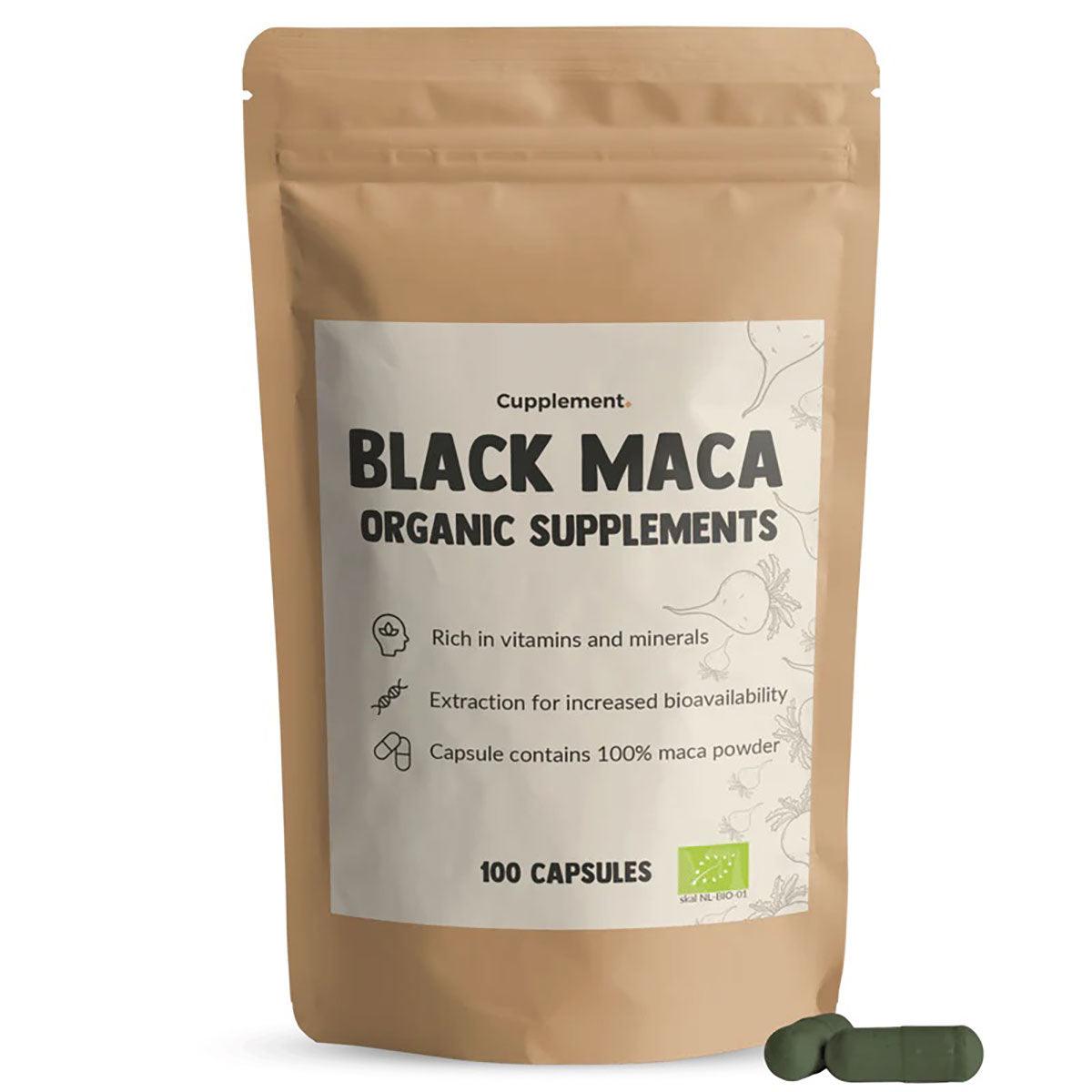 CUPPLEMENT BIO Black Maca superfood capsules, 100 black maca supplement capsules in a clear container with black capsules visible.