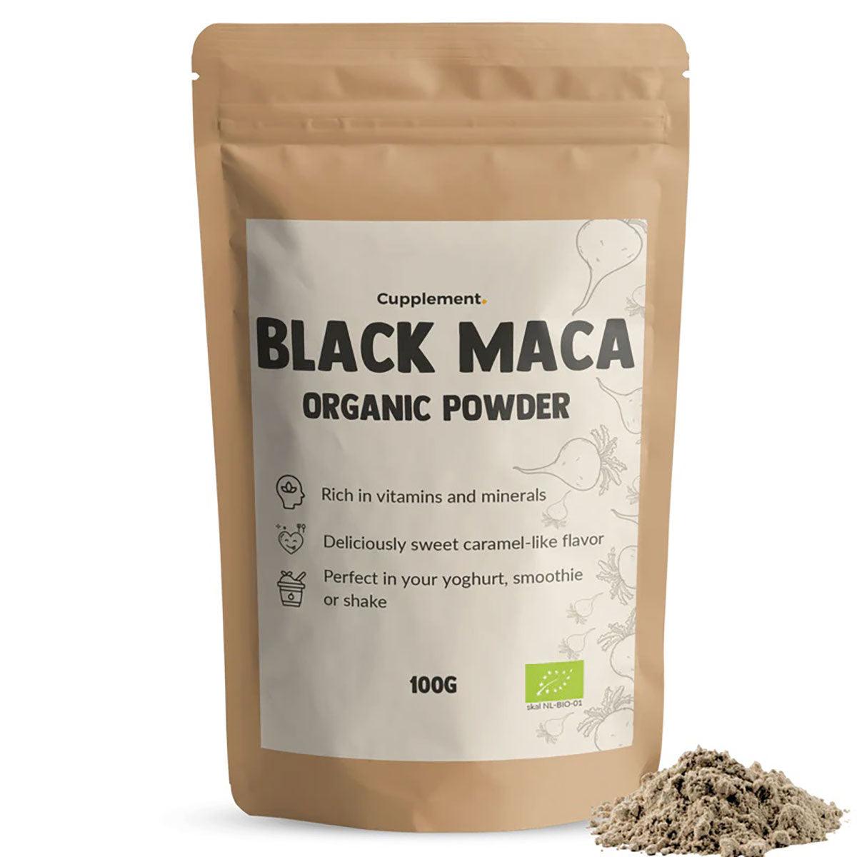 Organic black maca powder from CUPPLEMENT, a superfood supplement, shown in a clear image of black powder in a container.