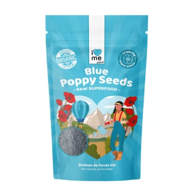 Blue Poppy Seeds from ILOVE ME superfood brand, 255g package, showing vibrant blue poppy seeds in a clear container.