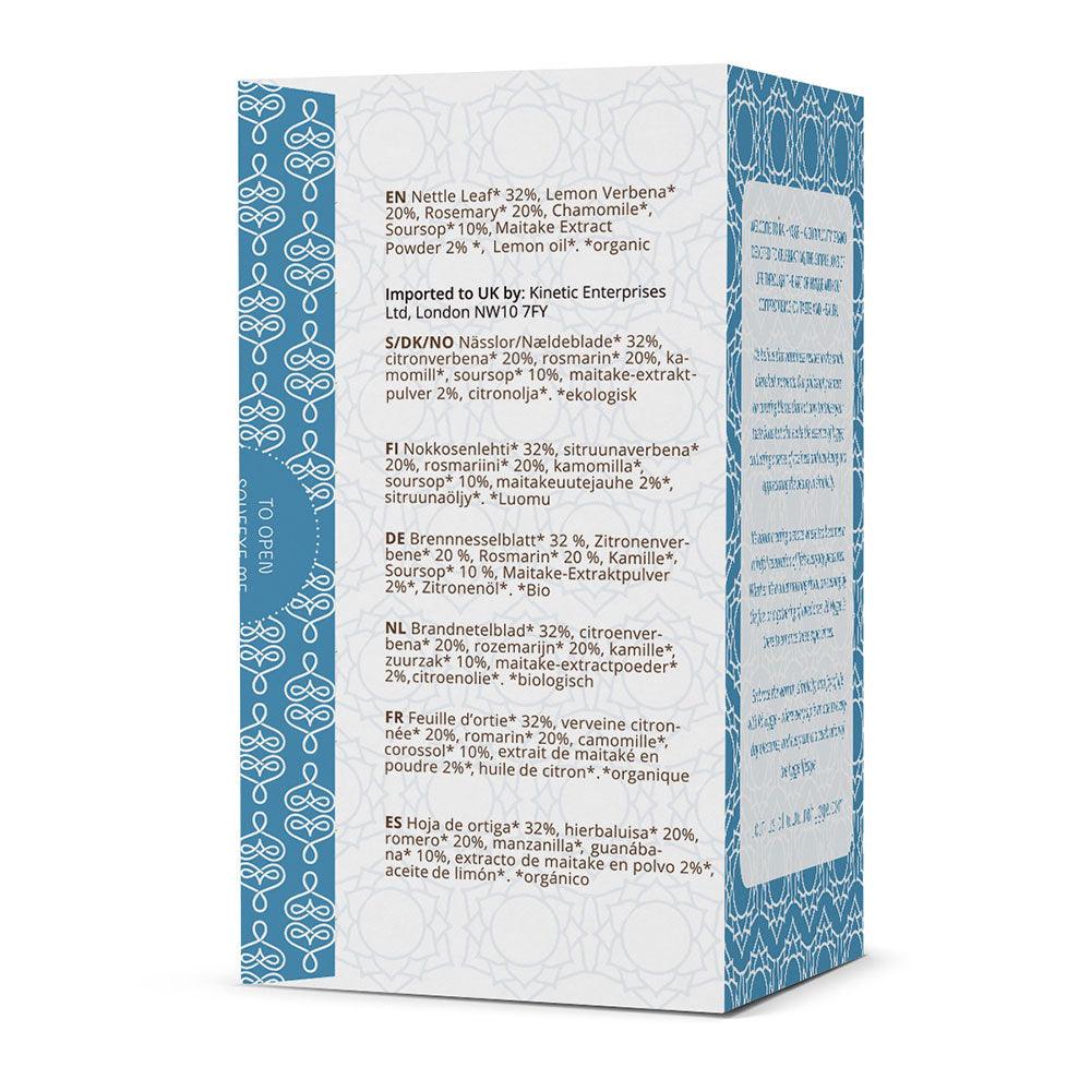 Herbalistas RA Hygge BIO Moody Blues herbal tea with Maitake in a box of 16 tea bags, featuring blue packaging and tea bags inside.