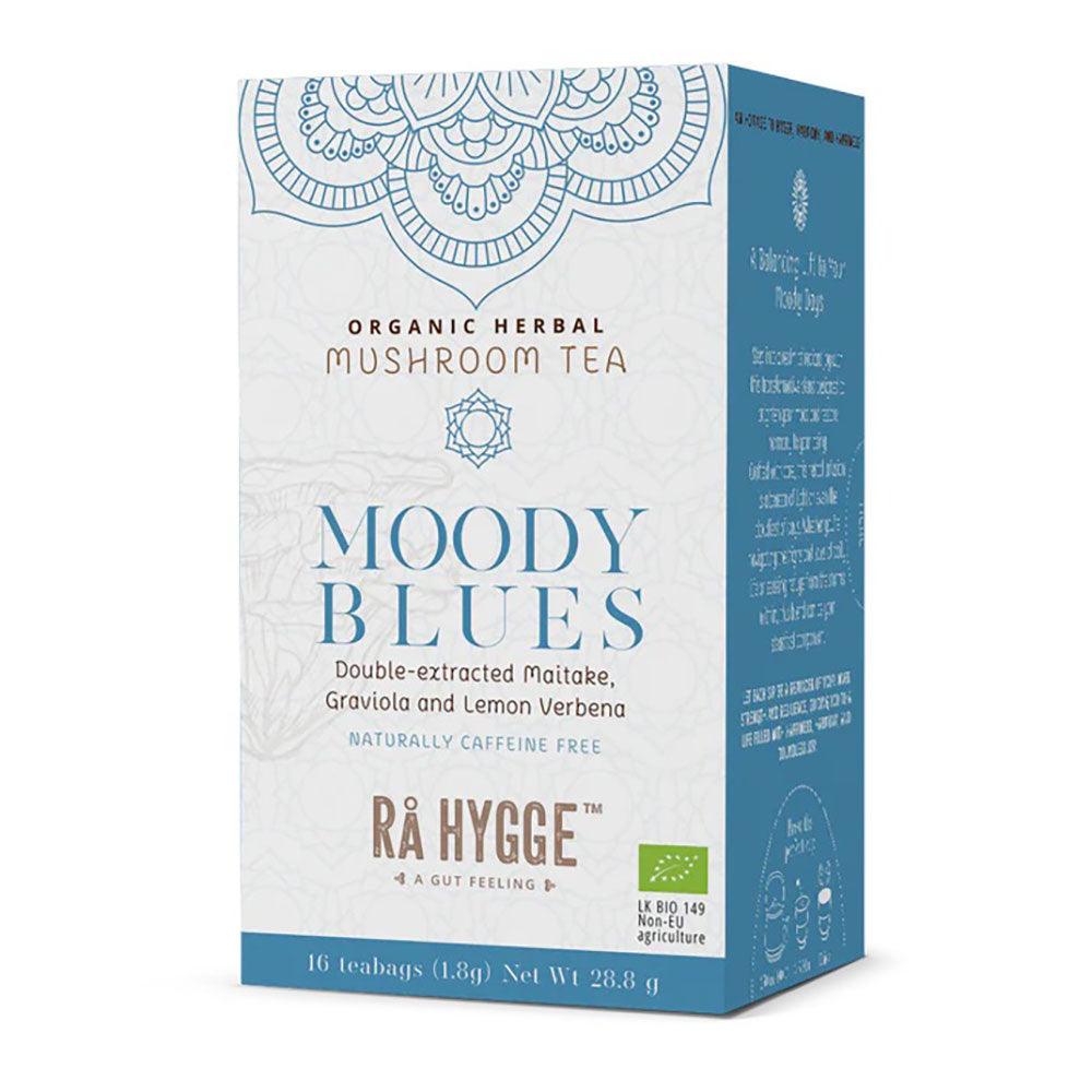 Herbalistas RA Hygge BIO Moody Blues herbal tea with Maitake in a box of 16 tea bags, featuring blue packaging.