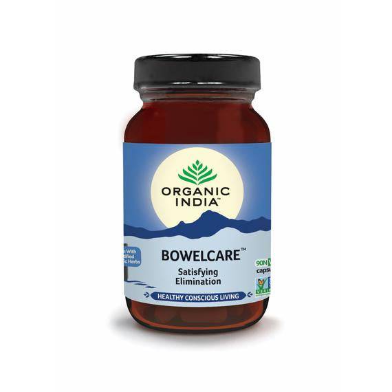 Organic India Bio Bowelcare capsules in a bottle, herbal supplement for digestion, by Herbalistas.