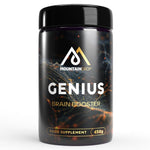 Herbalistas MountainDrop Genius Brain Booster supplement in a 450g jar, showing the label and product packaging.