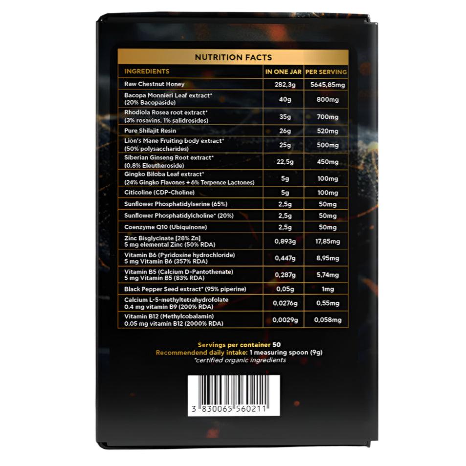 Herbalistas MountainDrop Genius Brain Booster supplement box, 450g, showing the left side of the packaging with product branding.
