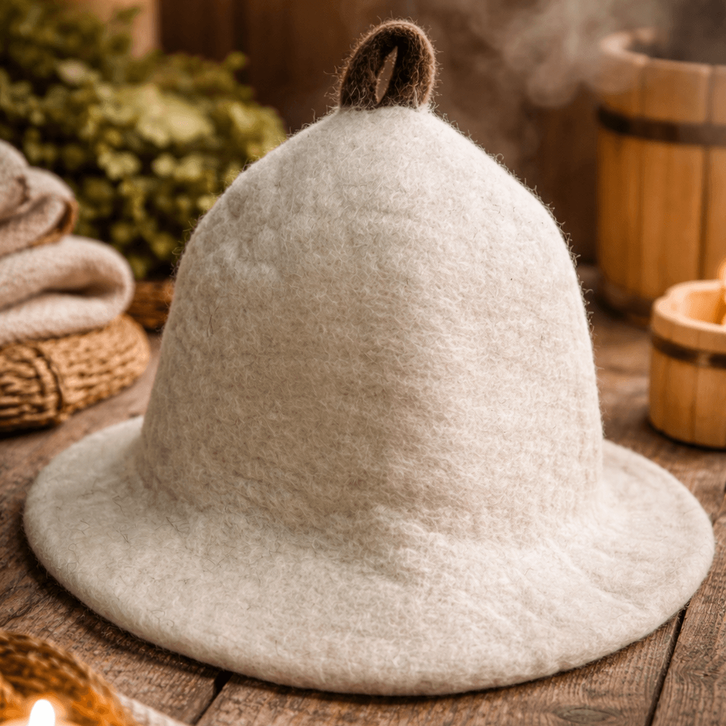 Natural felted sauna bowl hat from AW GIFTS, showcasing a cozy, handcrafted felted wool sauna hat with a snug fit.