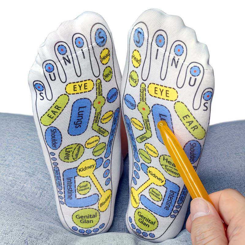 TEMU acupuncture reflexology massage socks with embedded pressure points and a massage stick for foot and body relaxation.