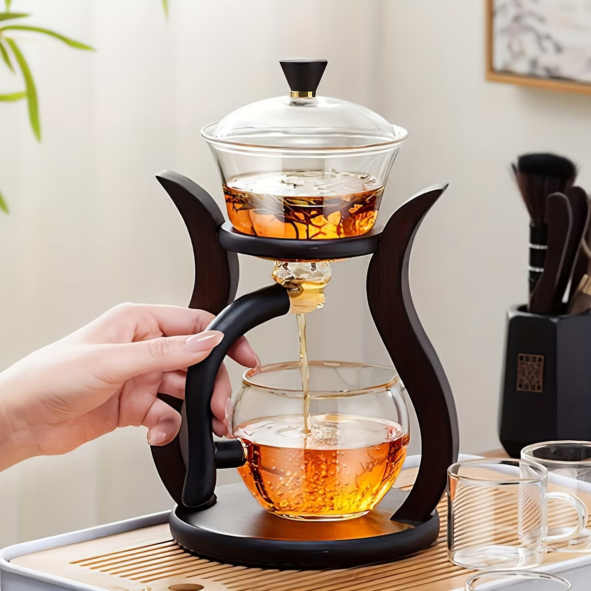 Premium TEMU semi-automatic glass Gongfu tea set with six cups, showcasing clear glass teapot and matching cups for traditional tea brewing.
