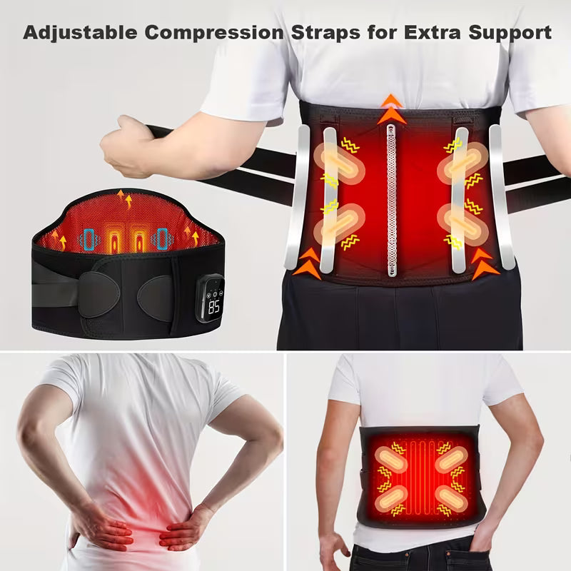TEMU cordless heated massage belt with lumbar support, showing the wearable back massager with control buttons and adjustable fit.