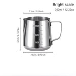 Stainless steel milk frothing pitcher by TEMU with a sleek, shiny design for steaming and pouring milk for coffee drinks.
