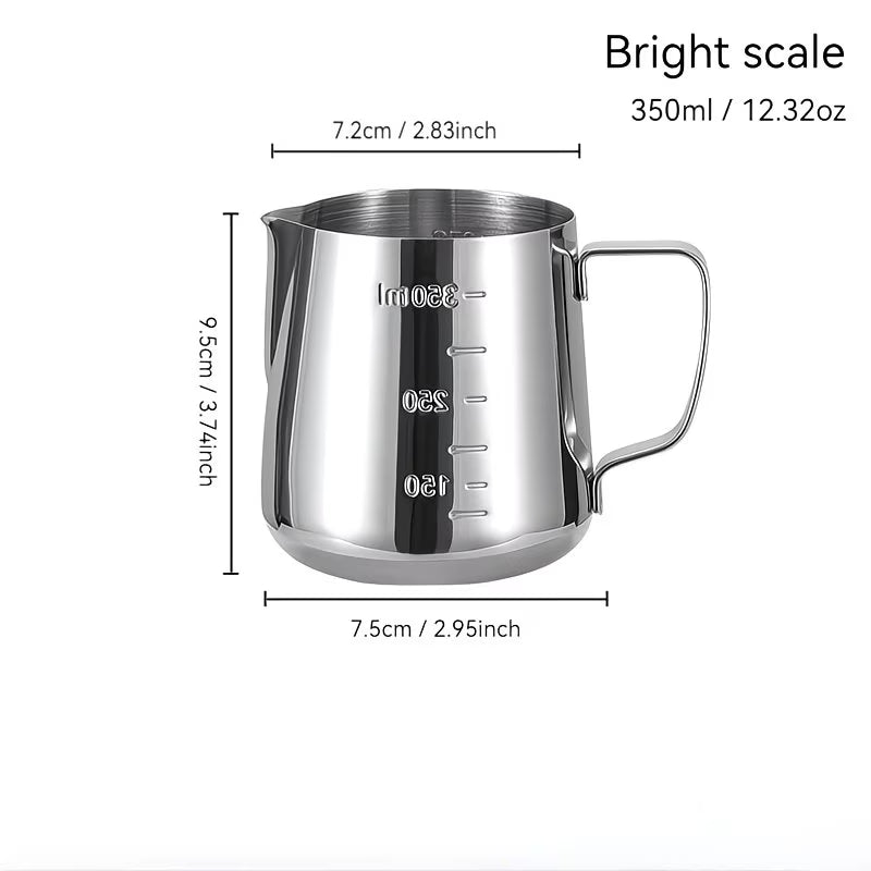 Stainless steel milk frothing pitcher by TEMU with a sleek, shiny design for steaming and pouring milk for coffee drinks.