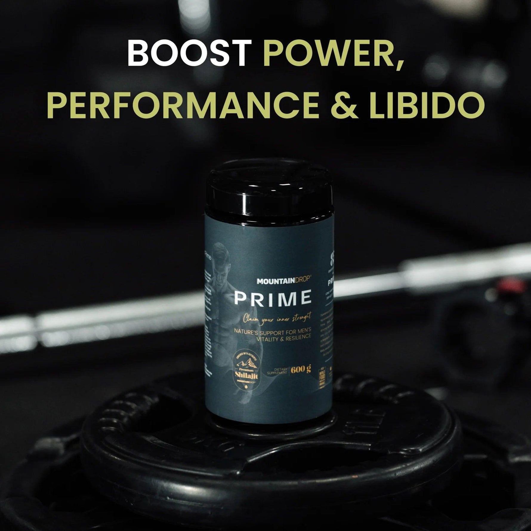 Herbalistas Mountaindrop Prime natural testosterone booster supplement 600g, featuring earthy herbal ingredients in a jar.