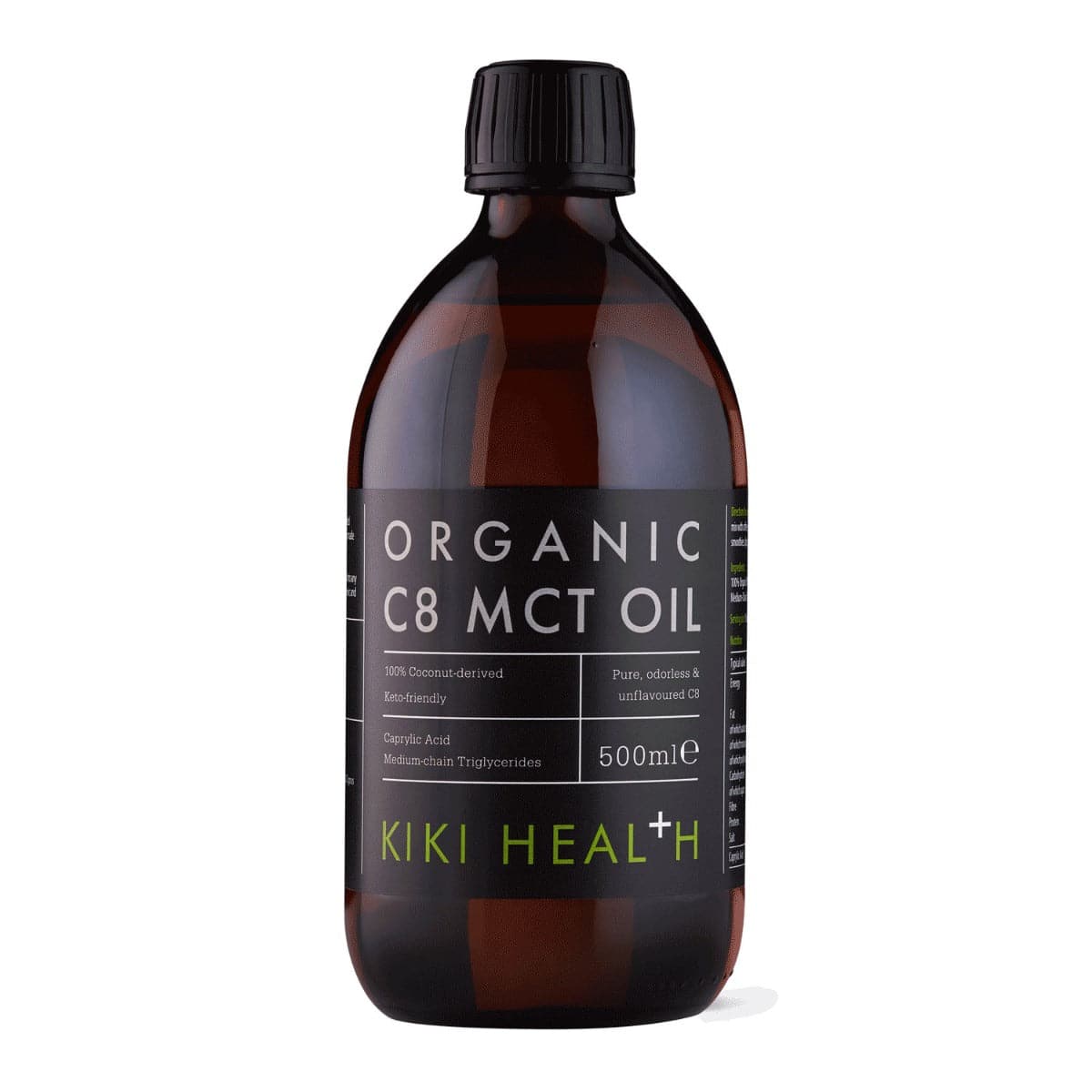 Herbalistas Kiki Health Organic C8 MCT Oil supplement bottle, 500ml, with a clear label and dropper cap on a white background.