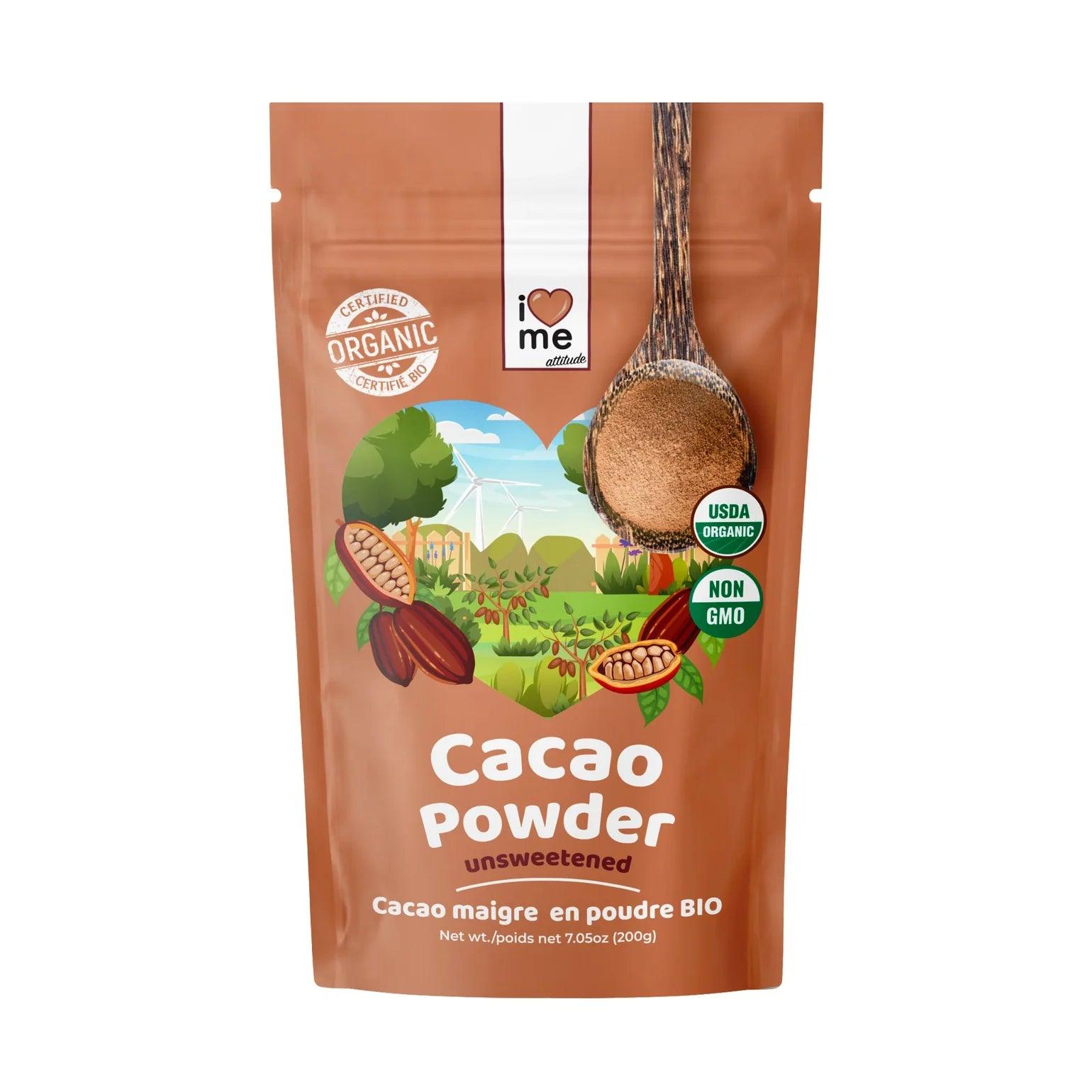 Organic low-fat cocoa powder by ILOVEME in a 200g package, shown in a close-up with cocoa powder and a scoop.