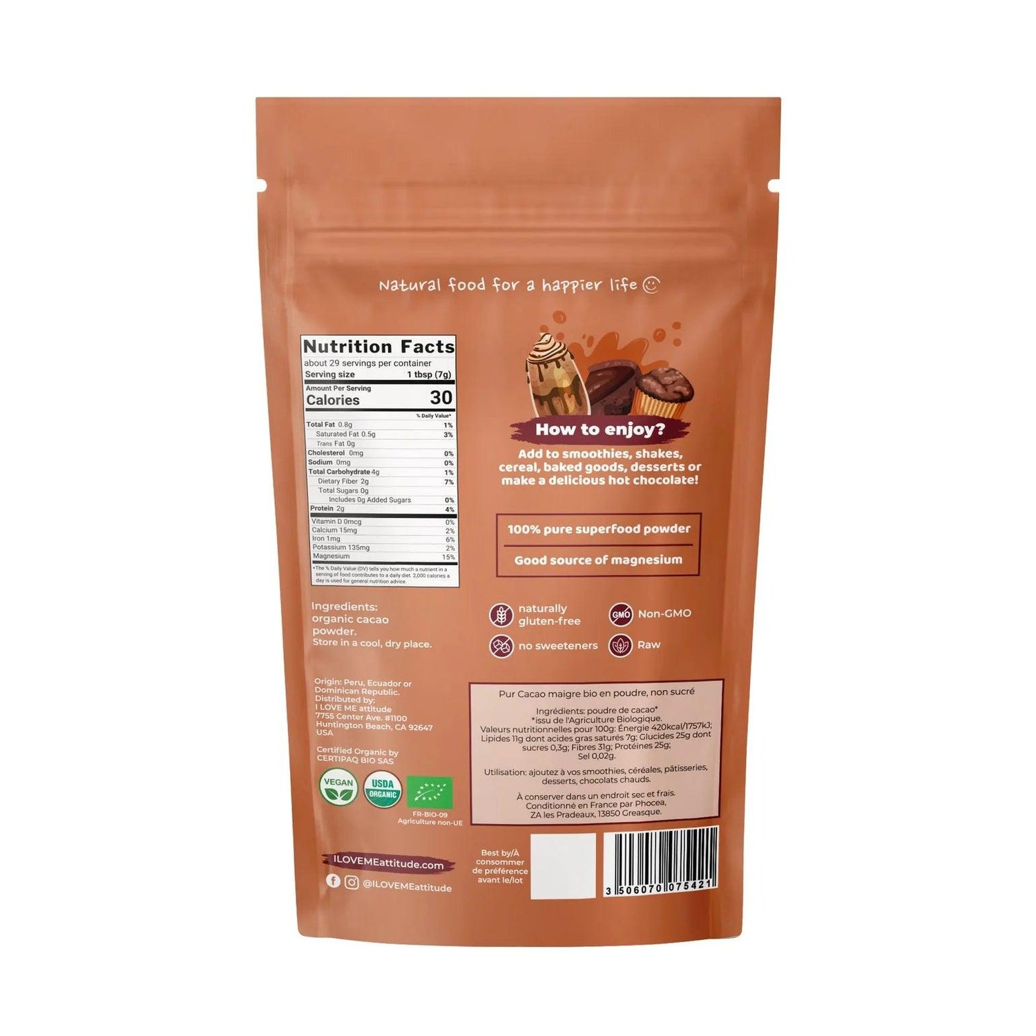 Organic low-fat cocoa powder from ILOVEME, 200g, in a bag with cacao powder visible, ideal for baking and hot chocolate.
