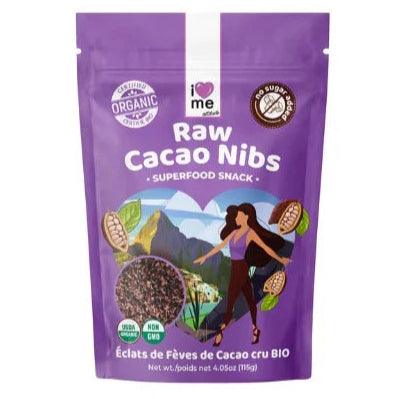 Organic cacao nibs in a 115g bag from ILOVE ME superfood line, showcasing crunchy cacao pieces on a neutral background.