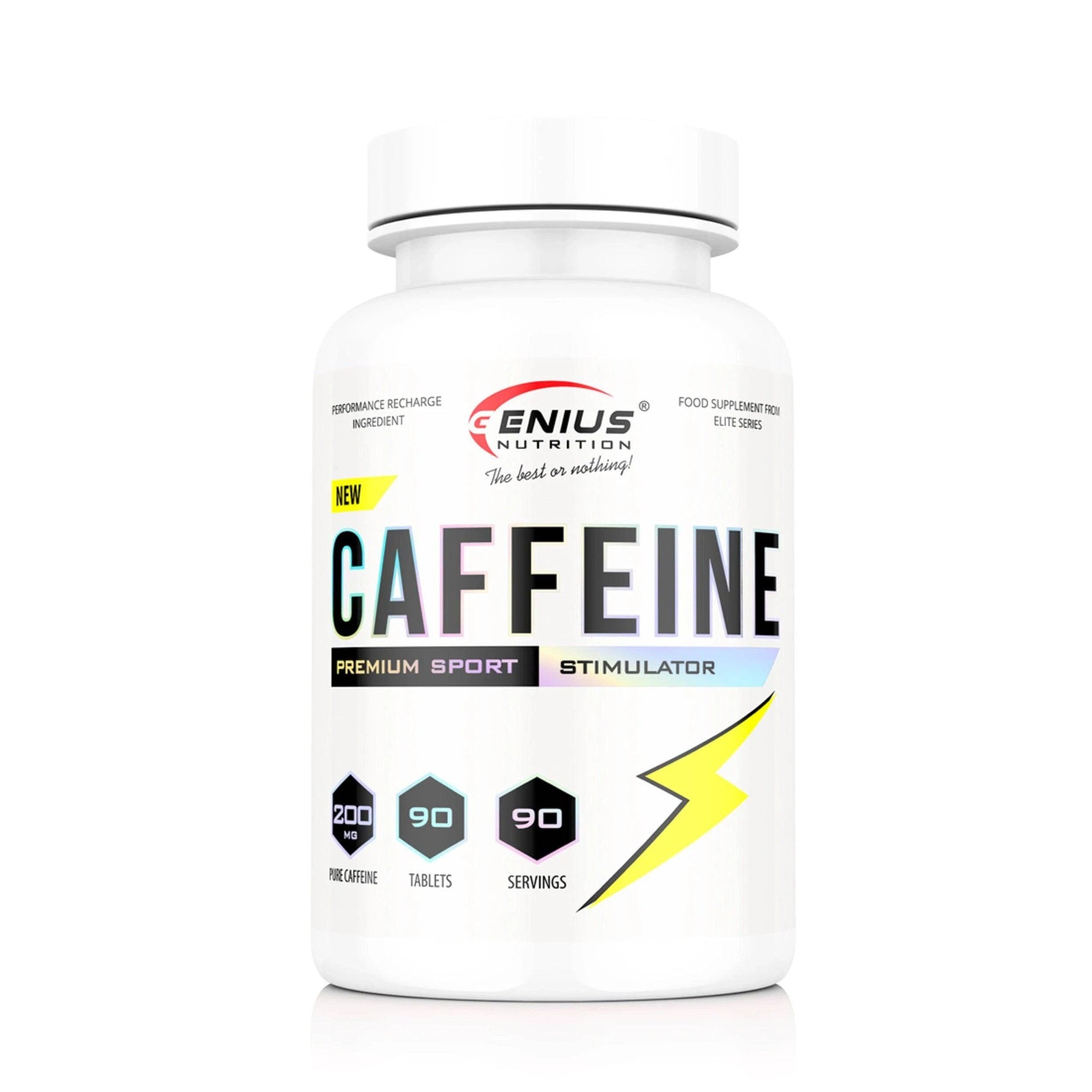 Genius Nutrition Caffeine energy tabs, 90 count, dietary supplement for alertness and focus, in a blister pack.