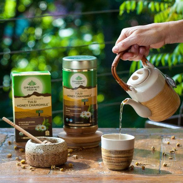 Organic India BIO Tulsi Masala Chai Tea bags with chamomile, herbal tea infusion, natural ingredients, and aromatic spices.
