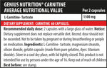 Genius Nutrition Carnitine supplement bottles with 60 capsules, featuring label details and supplement information.
