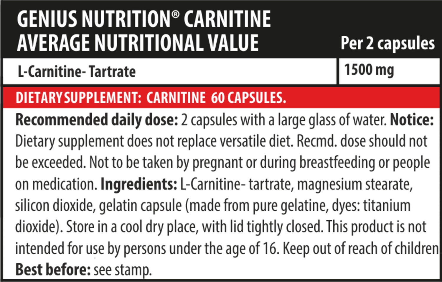 Genius Nutrition Carnitine supplement bottles with 60 capsules, featuring label details and supplement information.