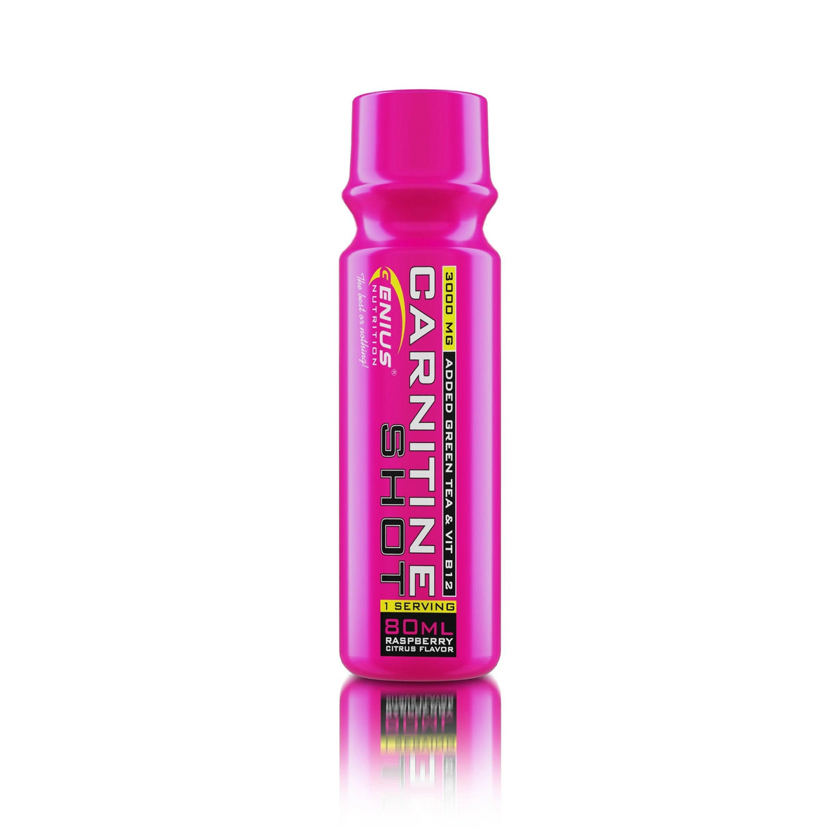 Genius Nutrition Carnitine Shot supplement bottle with raspberry citrus flavor, 80ml size, featuring white background.