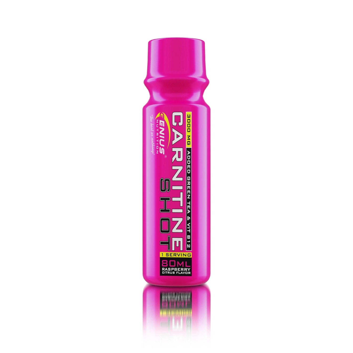 Genius Nutrition Carnitine Shot supplement bottle with raspberry citrus flavor, 80ml size, featuring white background.