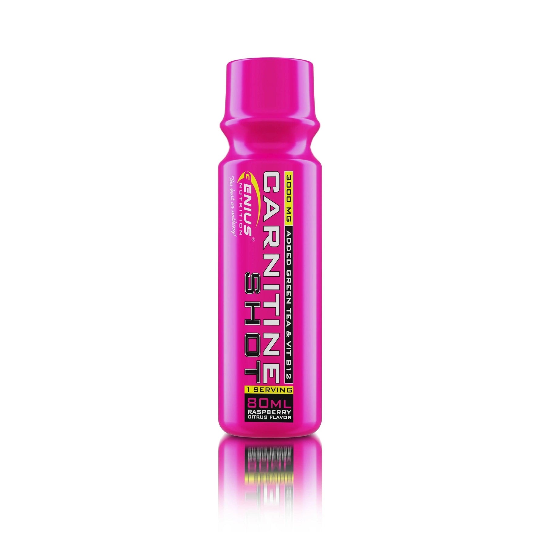 Genius Nutrition Carnitine Shot supplement bottle with raspberry citrus flavor, 80ml size, featuring white background.
