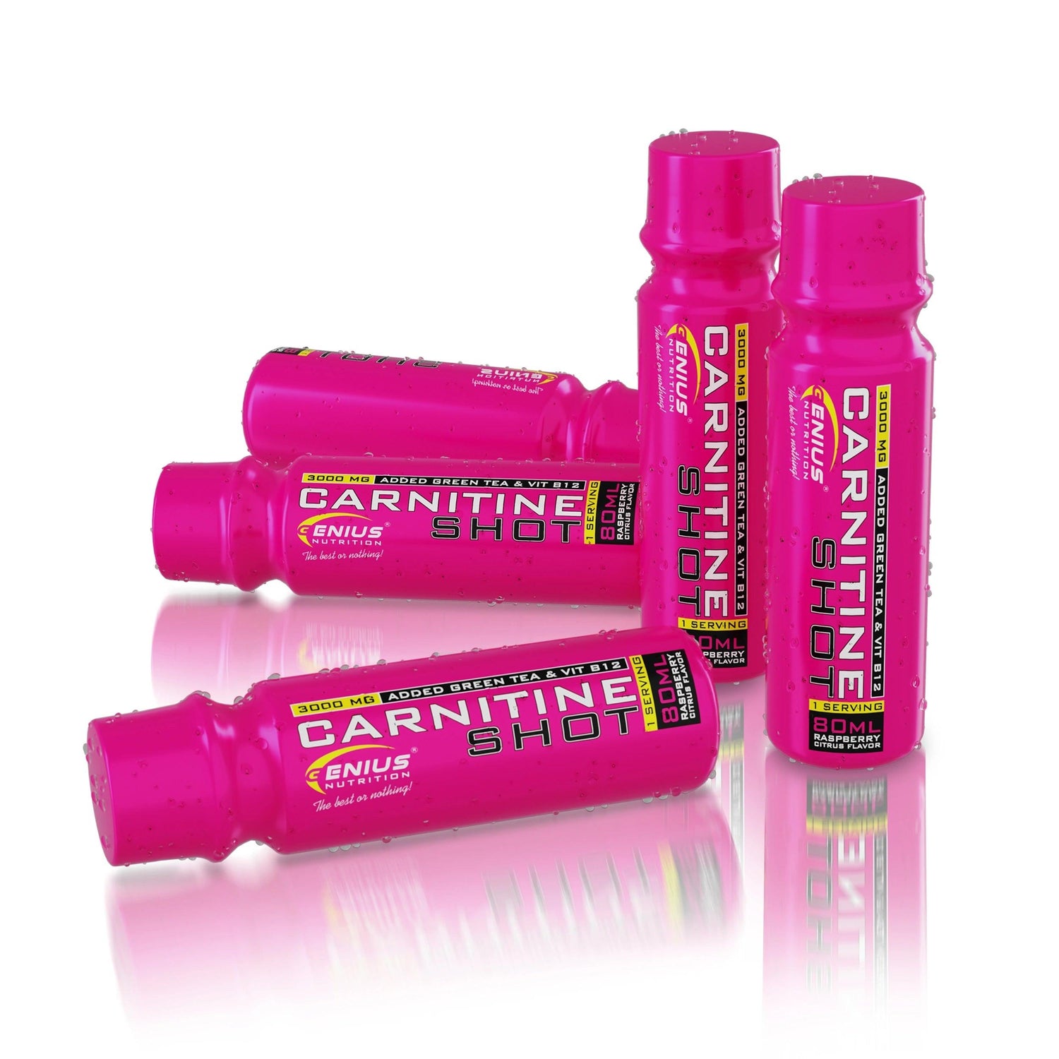 Genius Nutrition Carnitine Shot 80ml supplement bottle with white background, showcasing the product label and packaging.