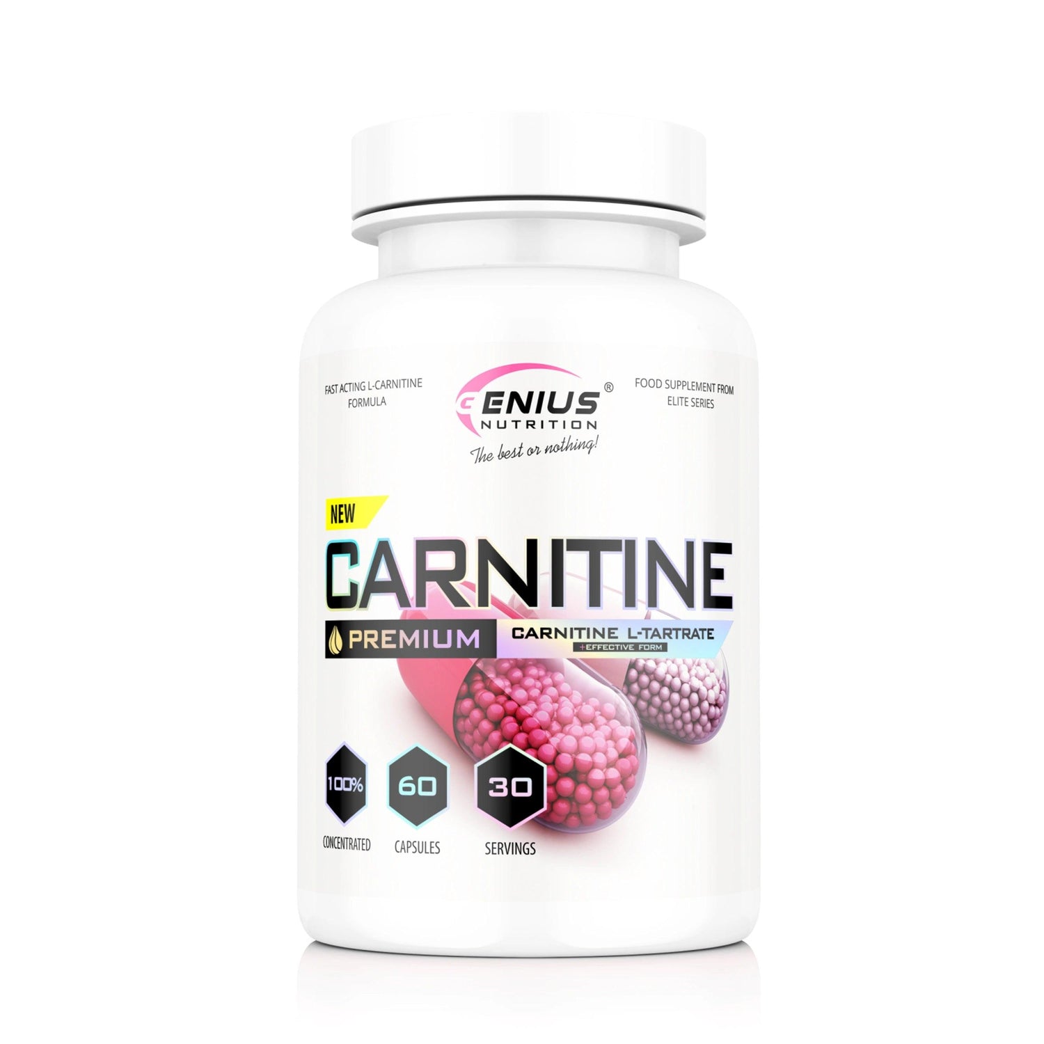 Genius Nutrition Carnitine supplement bottle with 60 capsules, showing the label and product packaging.