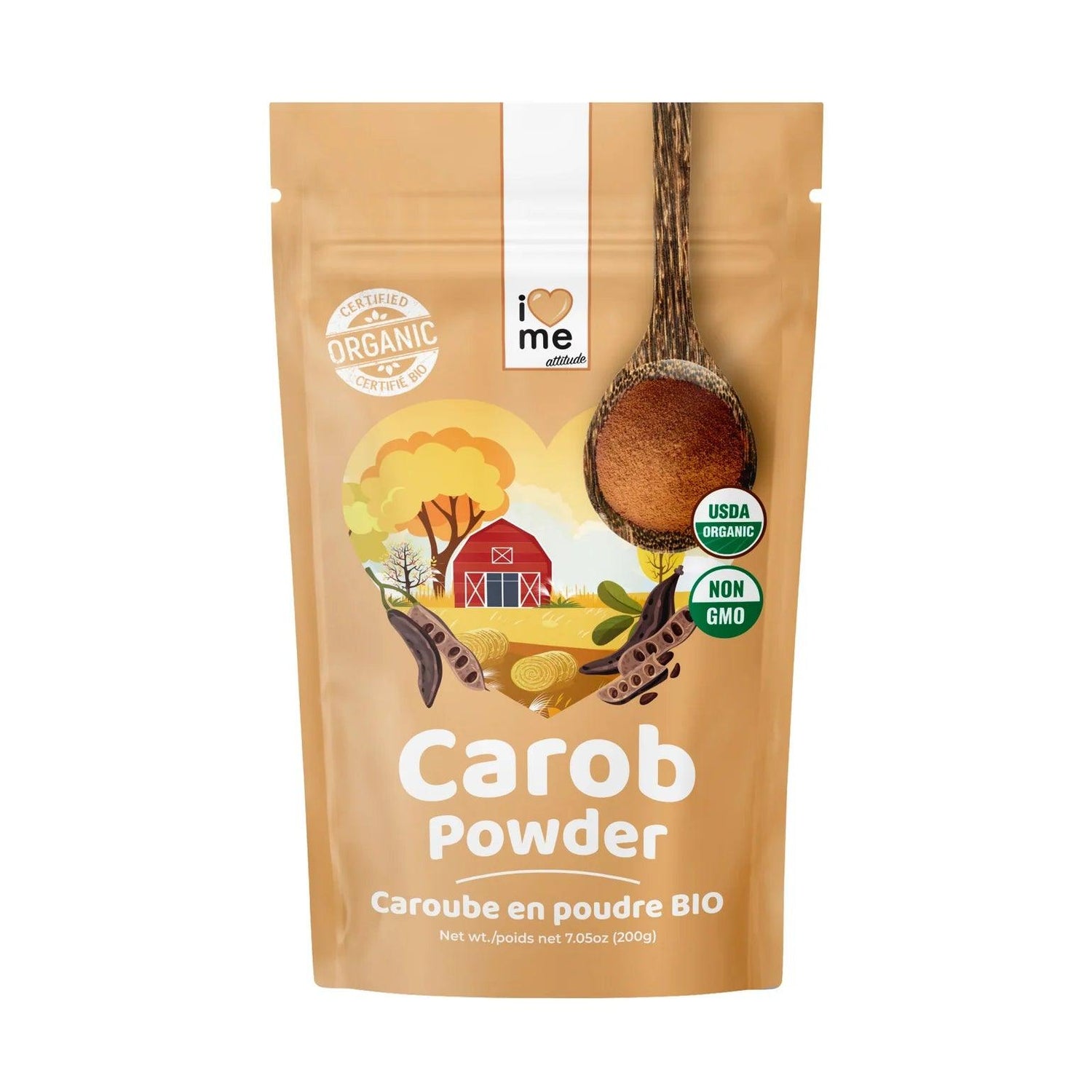 Organic I LOVE ME carob powder in a 200g package, showcasing the superfood product with a natural, earthy appearance.