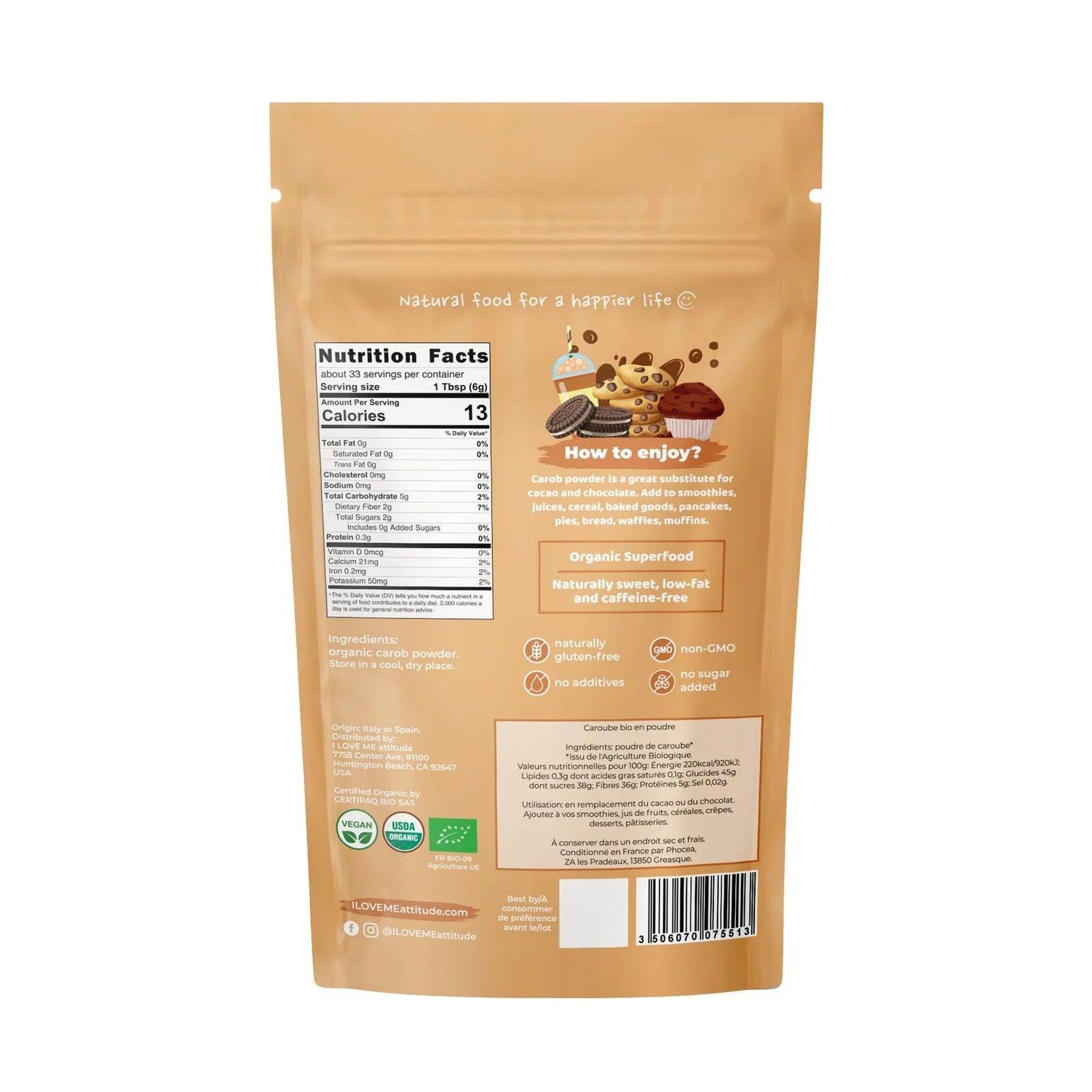 Organic I LOVE ME Carob Powder superfood in a 200g package, shown in a close-up image highlighting the powder's texture and packaging.