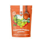 Organic cayenne pepper powder in a 100g package from ILOVEME, showing vibrant red chili powder in a resealable pouch.