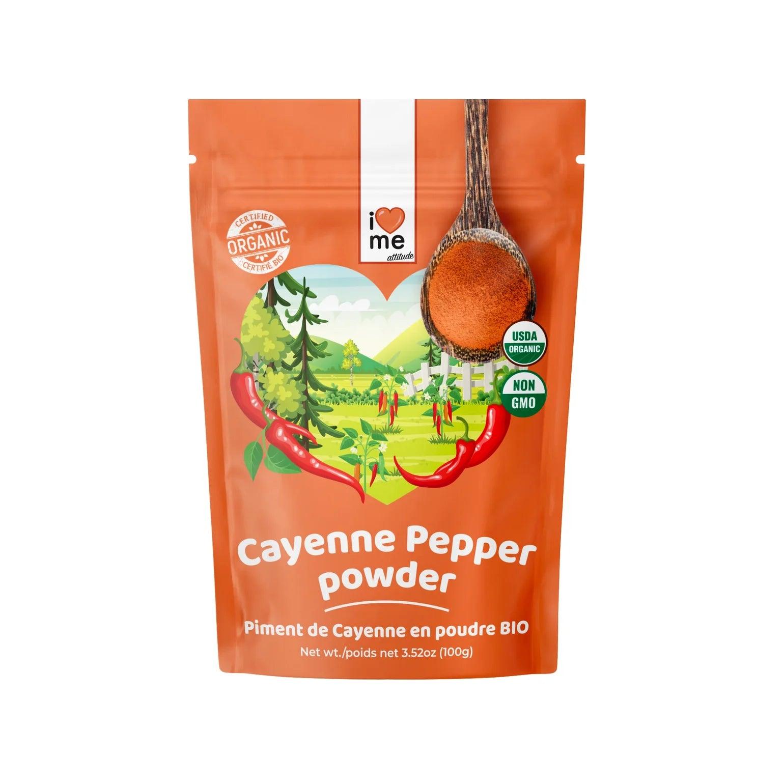 Organic cayenne pepper powder in a 100g package from ILOVEME, showing vibrant red chili powder in a resealable pouch.